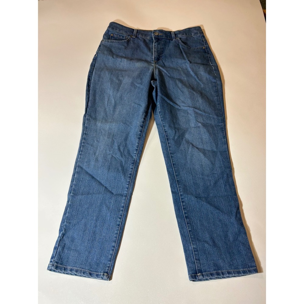 Bandolino Straight Leg Jeans Womens 12 Blue Excellent Embroidered Stretch Denim